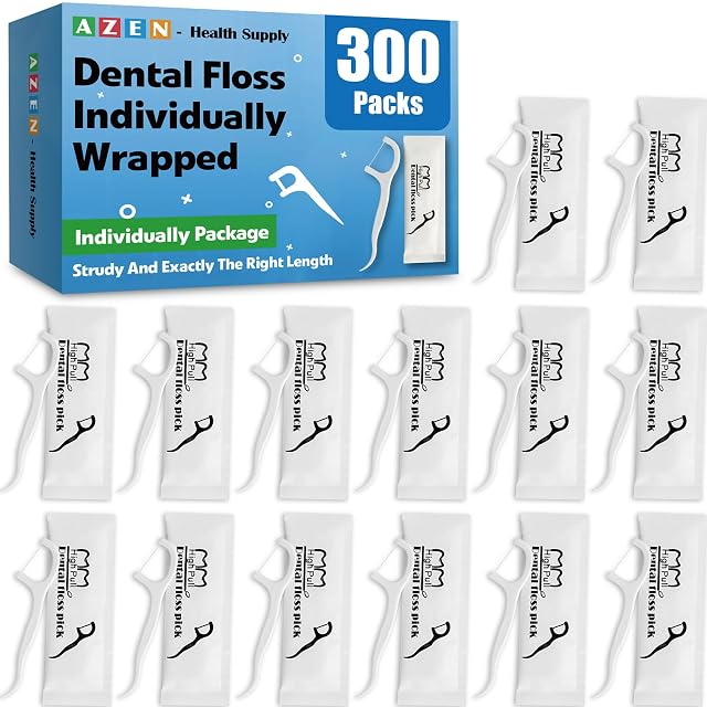 AZEN 300 Count Dental Floss Bulk Individually Wrapped Floss Picks Toothpicks Flossers for Adults Ideal Travel Flossers for