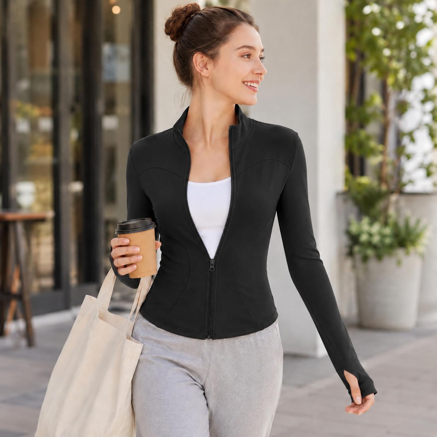 Women's Lightweight Stretchy Workout Full Zip Running Track Jacket with Thumb Holes