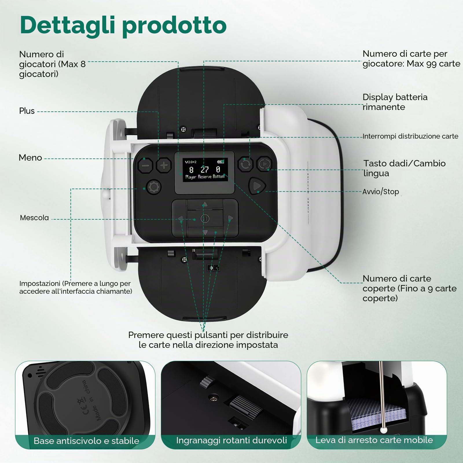 Mescolatore di Carte con distributore, Rotazione a 360° per 1–4 mazzi, mescolatore e distributore Automatico di Carte per 2–8 Giocatori, con 4 telecomandi, Ricaricabile, Silenzioso per Poker, Uno