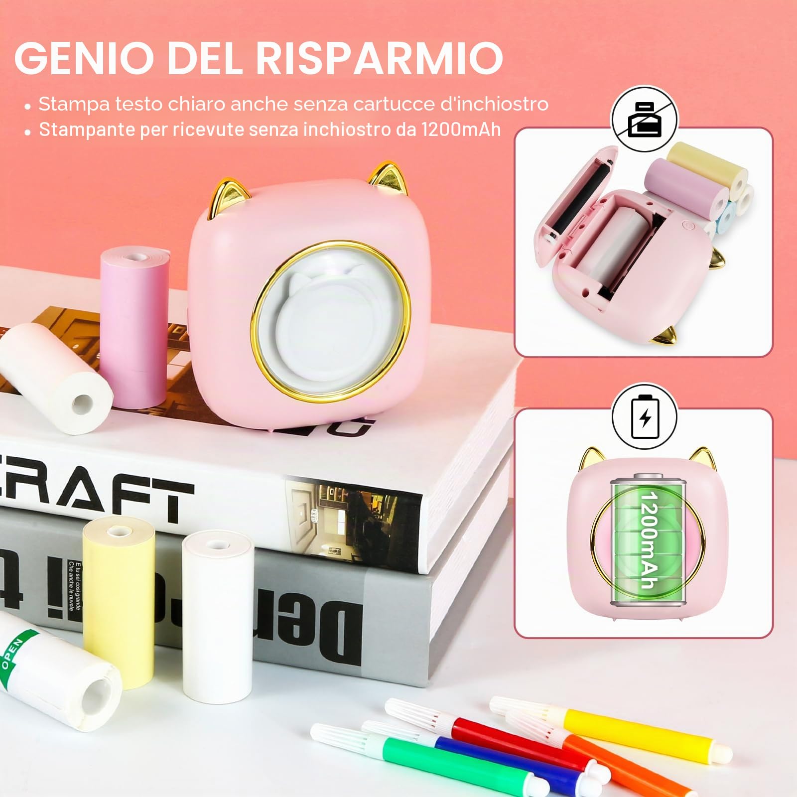 Mini Stampante Fotografica Termica Portatile Bluetooth con LED, Ricarica USB per Note e Diario
