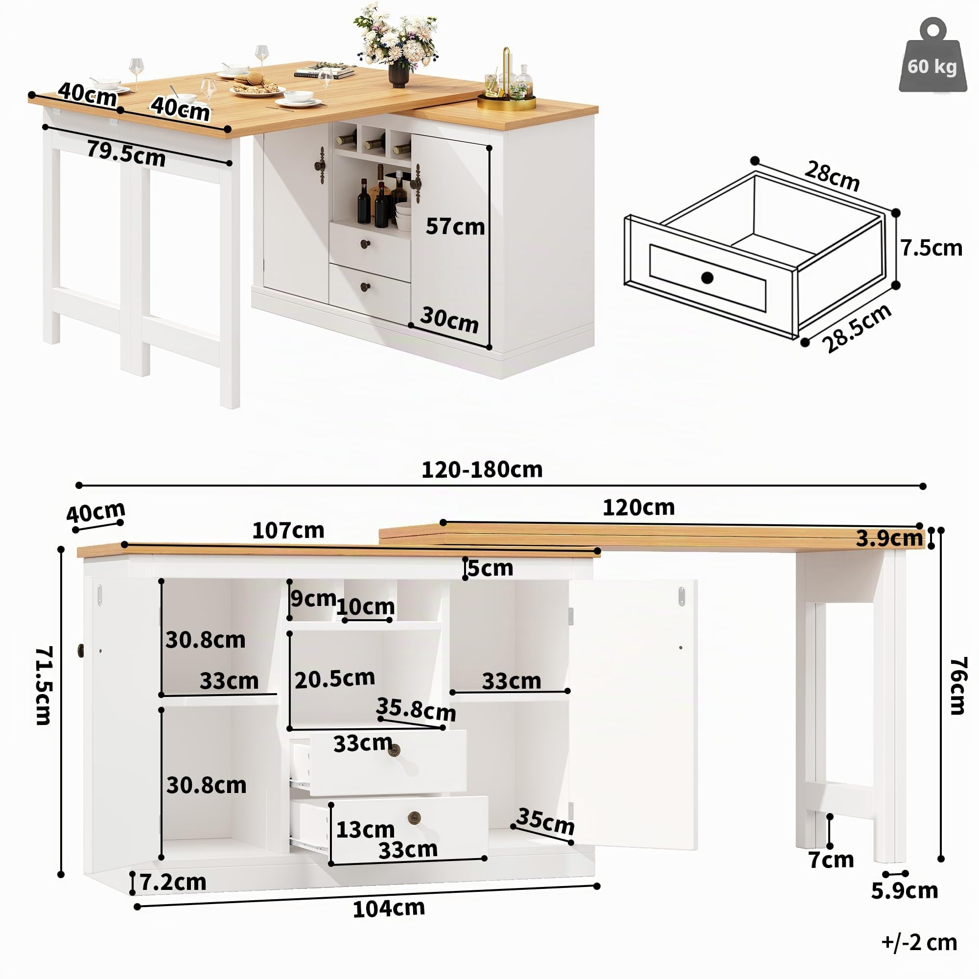 Table de bar rétractable de haute qualité avec fonction pivotante à 360° et espace de rangement, longueur réglable 120-180 cm, salon, salle à manger, table de bar rétractable (naturel + blanc)