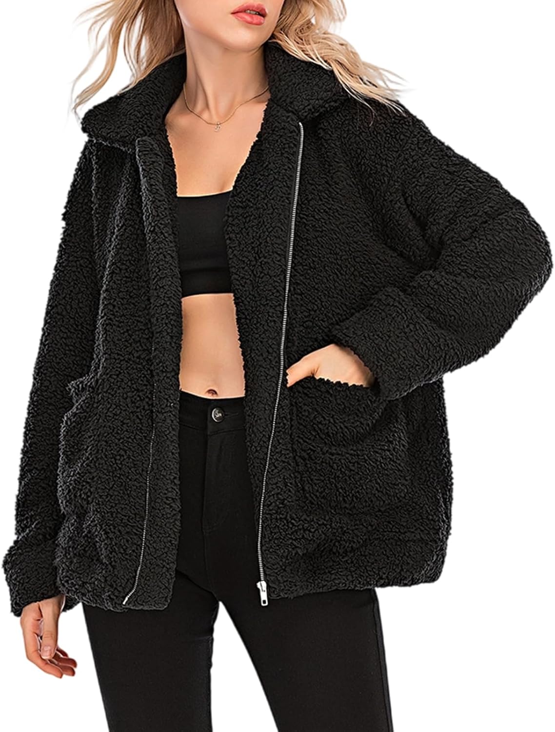 Comeon Women's Winter Warm Faux Fur Coat Long Sleelve Cardigan Boyfriend Shearling Fuzzy Jacket with Pockets