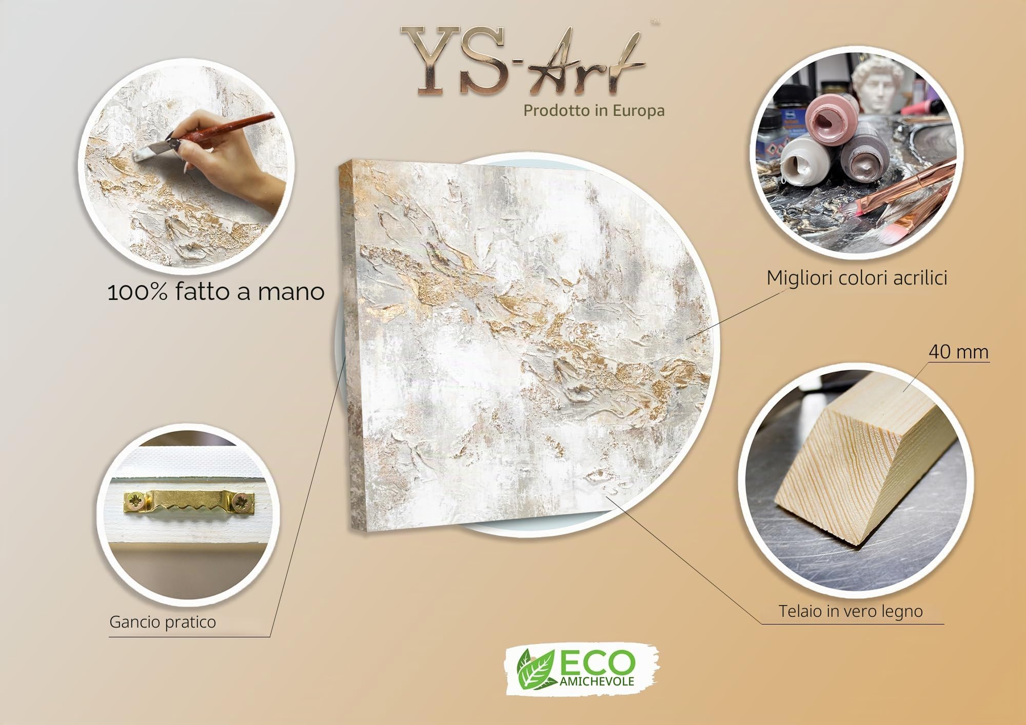YS-Art Quadro Dipinto a Mano – Bianco Oro Lusso Astratto, Acrilico Moderno Materico su Tela, Decorazione Parete per Corridoio e Pranzo 100x50 cm