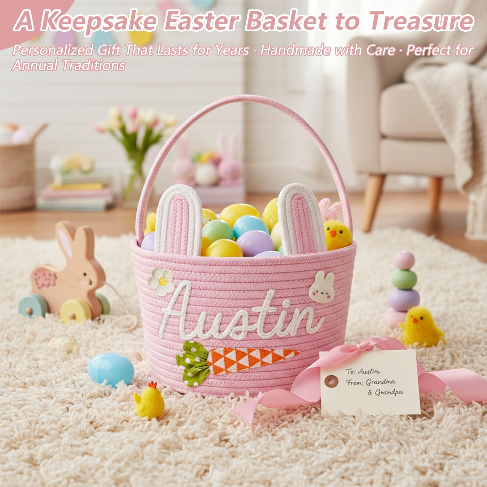 Personalized Easter Baskets, Custom Name & Icon Easter Basket with Cute Ears, Hand-Woven Easter Egg Hunt Bag, Customized Easter Gifts Decor for Boys Girls, Cotton Rope Tote Color01 - 2