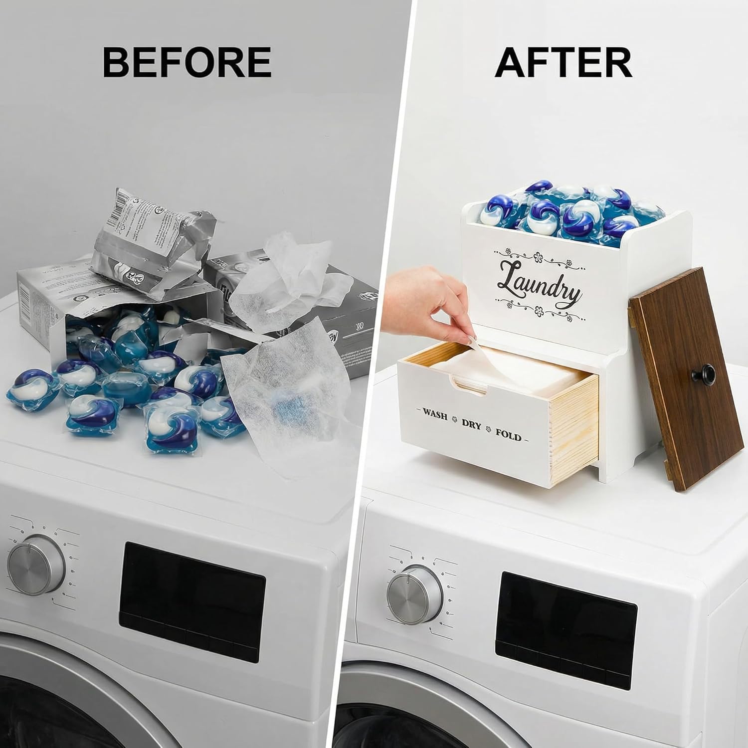 Goaste Dryer Sheet Holder with Drawer, Wood Dryer Sheet Dispenser with Lid, Farmhouse Laundry Pods Container Box, Wall Mount Fabric Softener Organizer for Laundry Room Storage and Organization