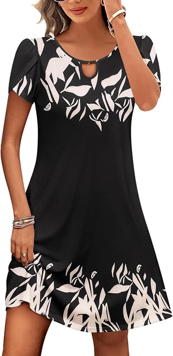 HOTOUCH Womens Casual A-Line Dress with Pockets Summer Beach Floral Tshirt Dress Short Sleeve Mini Dress Flowy Sundresses