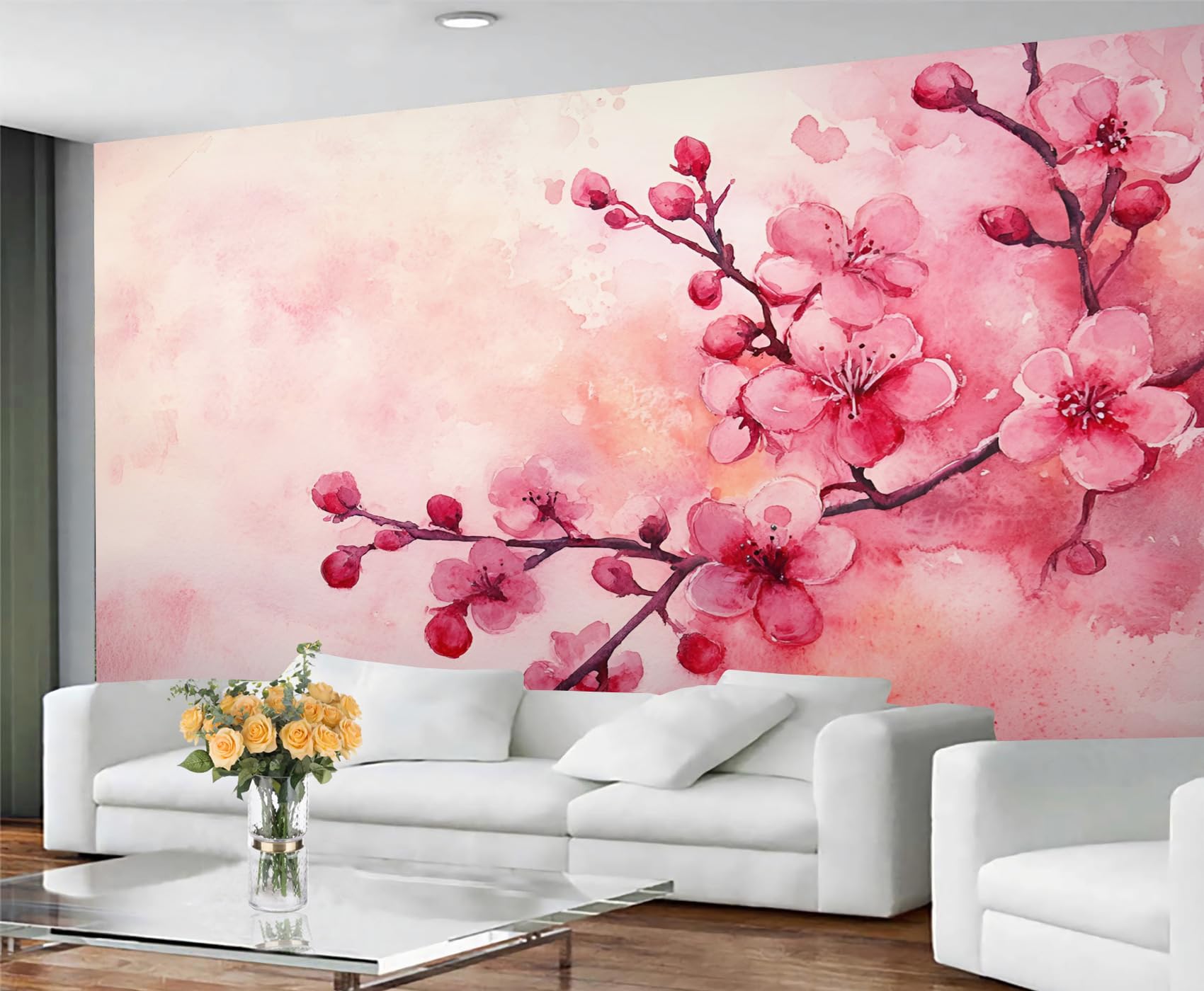 GIVLWF Wallpaper - Cherry Blossom Home Decor & Mural, Japanese Floral Bedroom Wallpaper, Pink Cherry Blossom Wall Paper for Living Room, Large Wall Mural (Not Self-Adhesive)