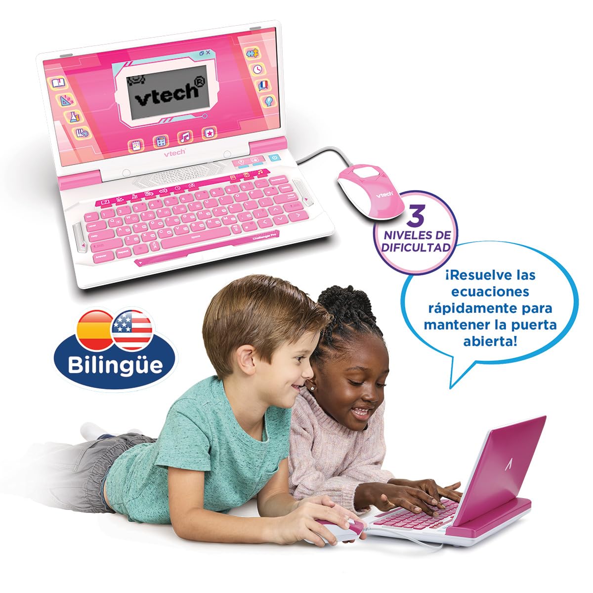 VTech - Genio XL Bilingue Spagnolo-Inglese, Rosa, Computer Interattivo, Giocattoli Elettronici +5 Anni, 164 Attività Educative, Tastiera QWERTY, Mouse, Giochi, Musica, Scienza, Versione ESP