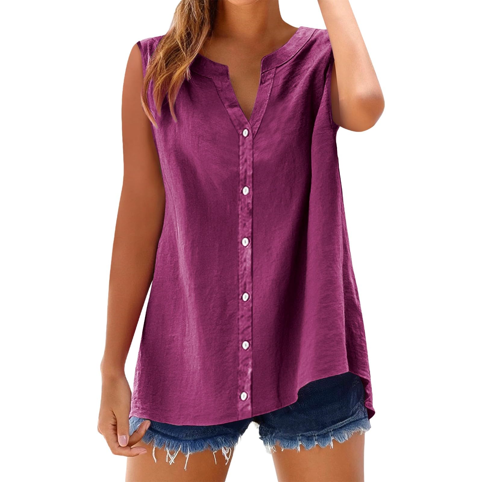 Womens Cotton Linen Casual Tank Tops Oversize Sleeveless V Neck Solid Color Button Down Shirts Ladies Summer 2025 Vacation Travel Trendy Blouses Plus Size Hot Pink
