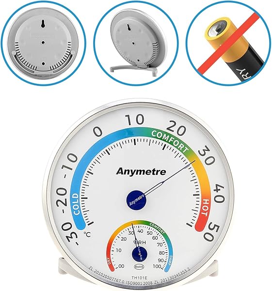 Termometro Igrometro analogico interni ed esterni, 2 in 1 igrometro umidità casa, Non sono necessarie batterie, con supporto e foro posteriore, per la stanzetta dei bambini e le serre - 2