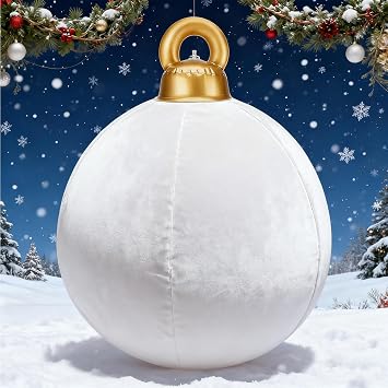 Giant Velvet Christmas Inflatable Balls Ornament, Flocked Blow up Christmas Ornaments Holiday Yard Outdoor Decor for Christmas Tree Indoor Lawn Porch White, 24 Inches