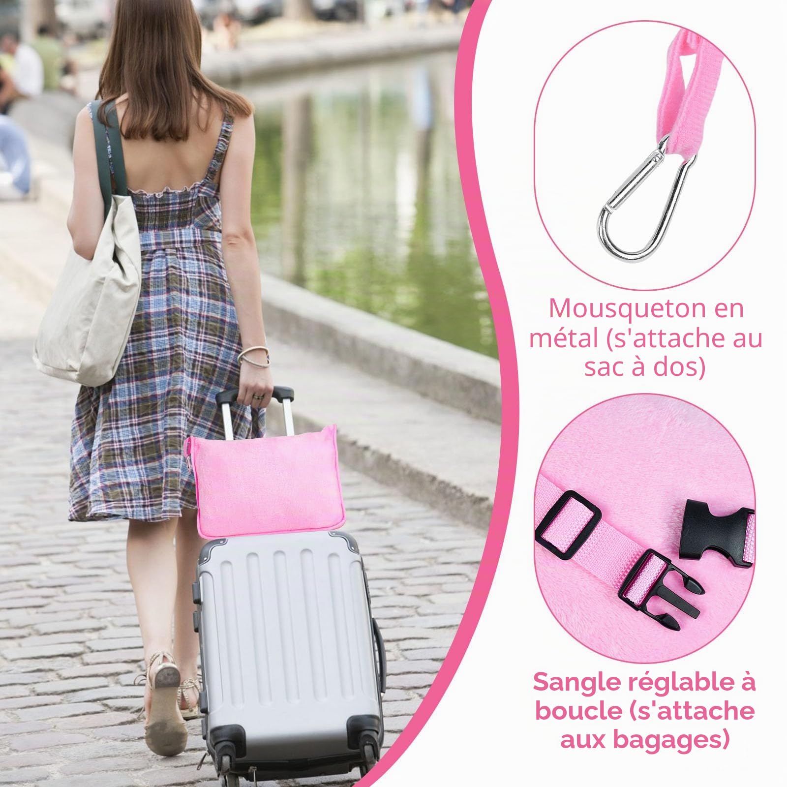 Couverture de Voyage 2 en 1 en Flanelle, Mini Couverture Avion 152x127cm, Couvertures Polaire Avion, Couvertures Voyage Voiture avec Oreiller, Cache-Œil et Pochette, pour Camping Bagage, Rose