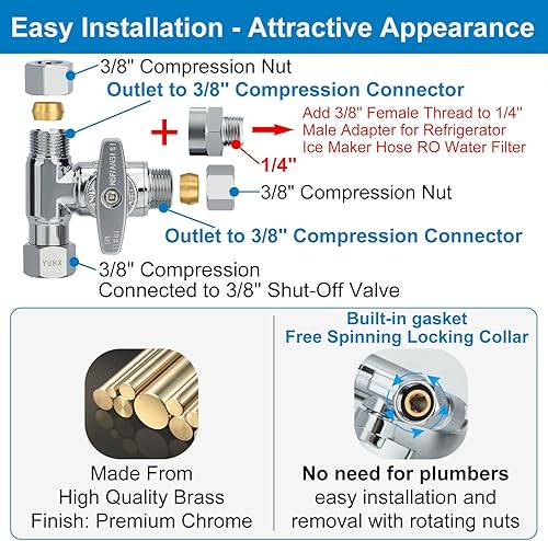 Miniatura 3 de YUHX Válvula Add-A-Tee de tope de ángulo de latón, salida de compresión de 38 pulgadas fácil de conectar desviador de 3 vías 38"x38"x14" o 38"