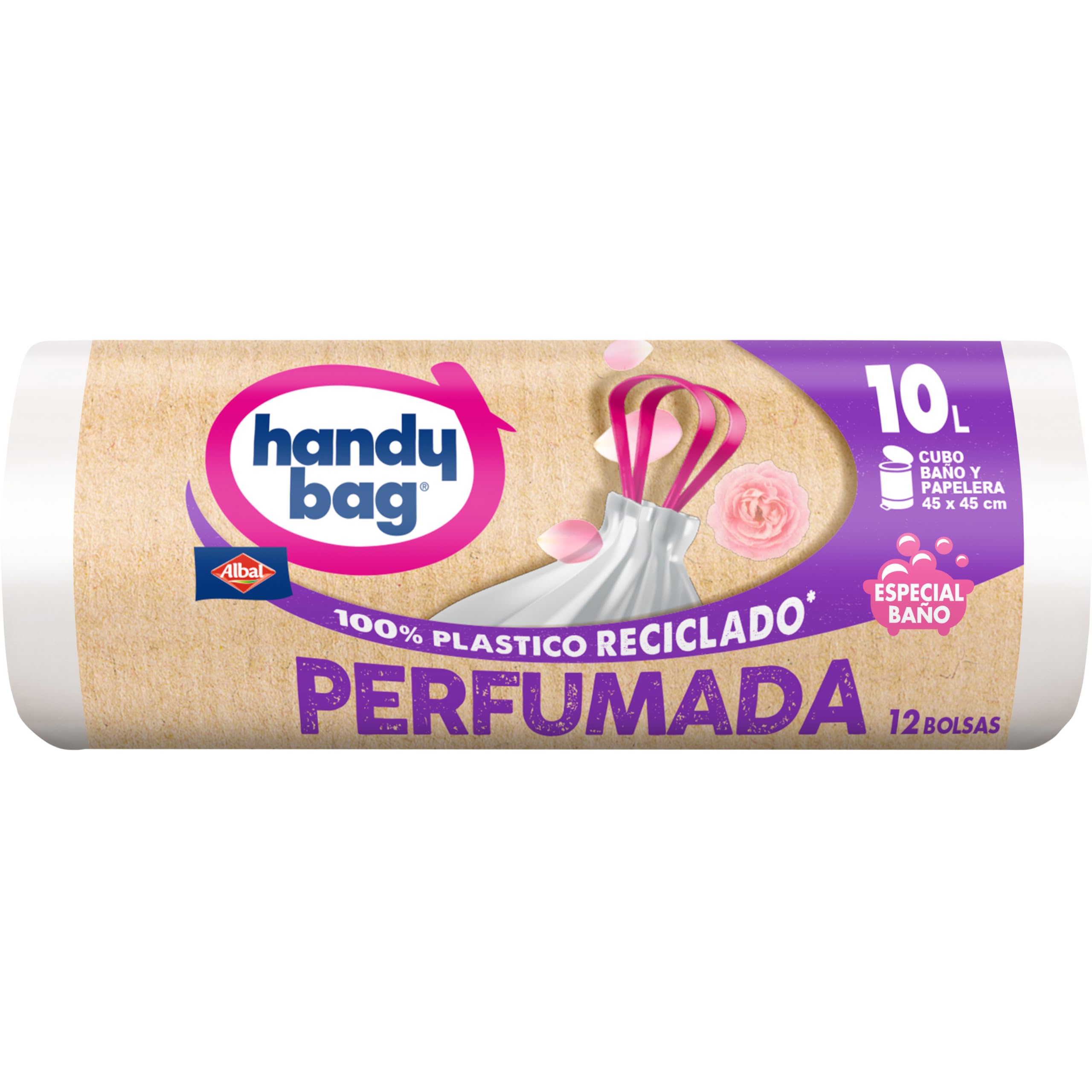 Handy Bag Bolsas de basura Perfumadas Especial Baño - Bolsas resistentes y antigoteo para cuarto de baño, diseñadas especialmente para cubo de basura pequeño, 100% plástico reciclado, 10L, 12 bolsas