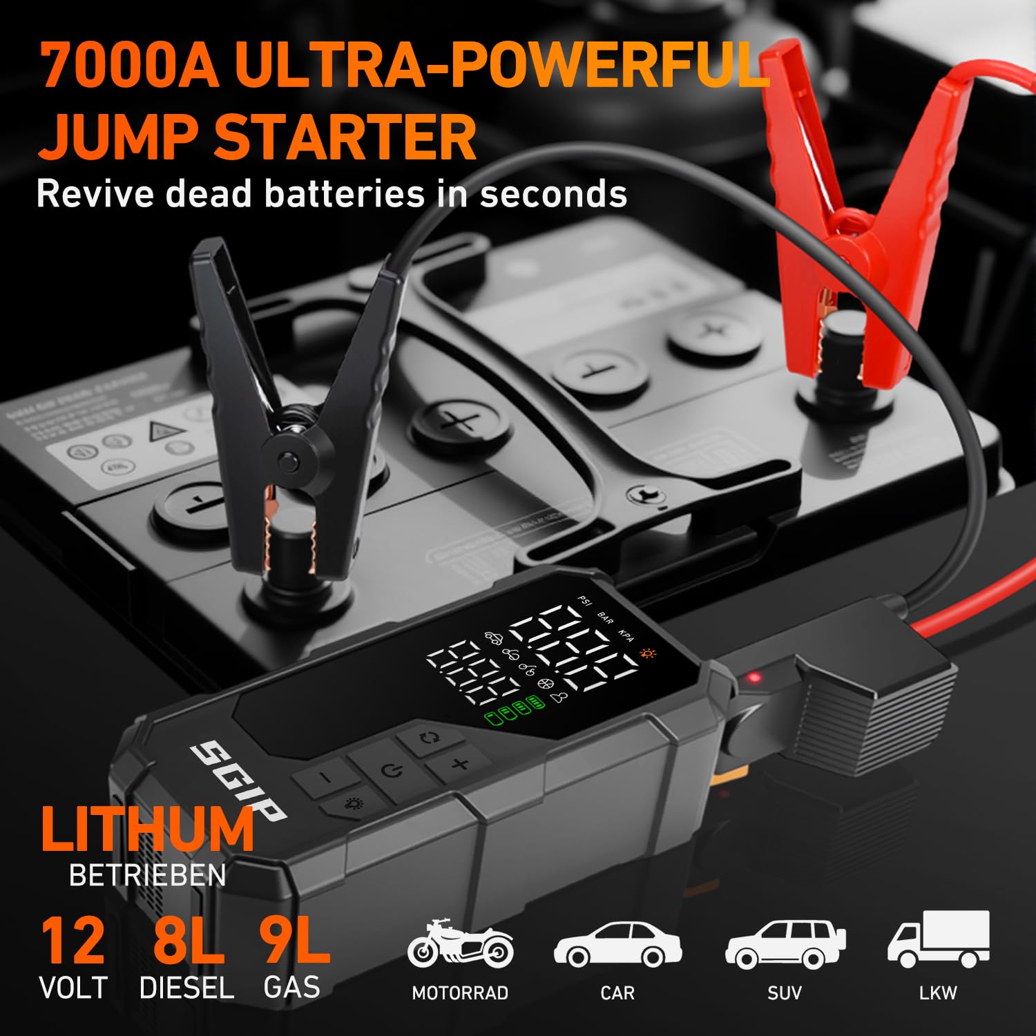 Arrancador de Coches 7000A con Compresor de Aire 150PSI, Batería 26800mAh, Jump Starter Portátil 12V para Gasolina 9L/Diésel 8L, Pinzas Inteligentes con Pantalla
