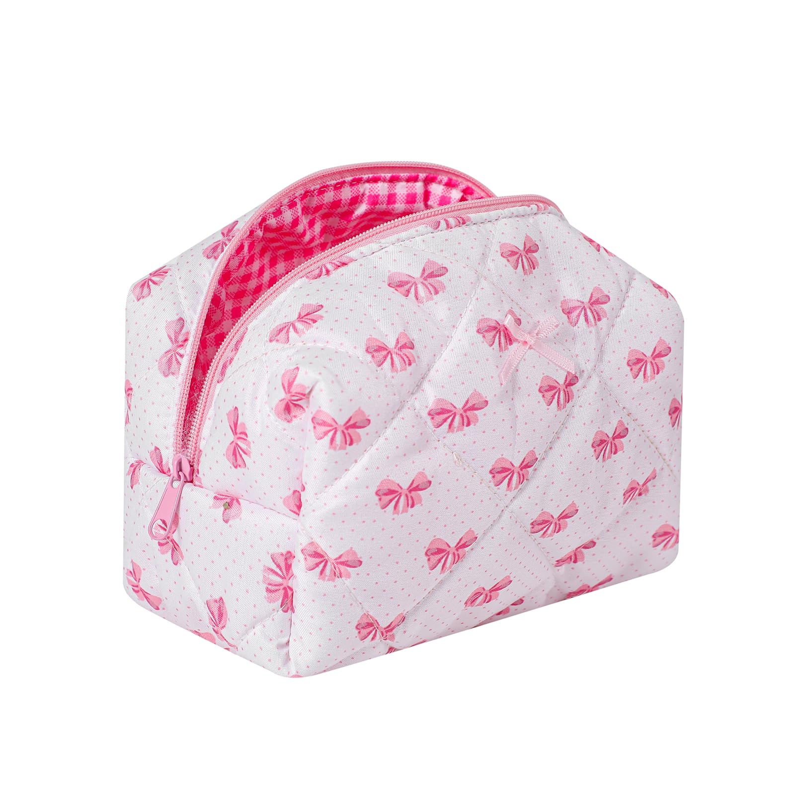 Cute Small Floral Cotton Makeup Bag, Quilted Zipper Pouch with Coquette Bear for Women and Girls, Kawaii Travel Cosmetic Bags for Purse(12White-pink