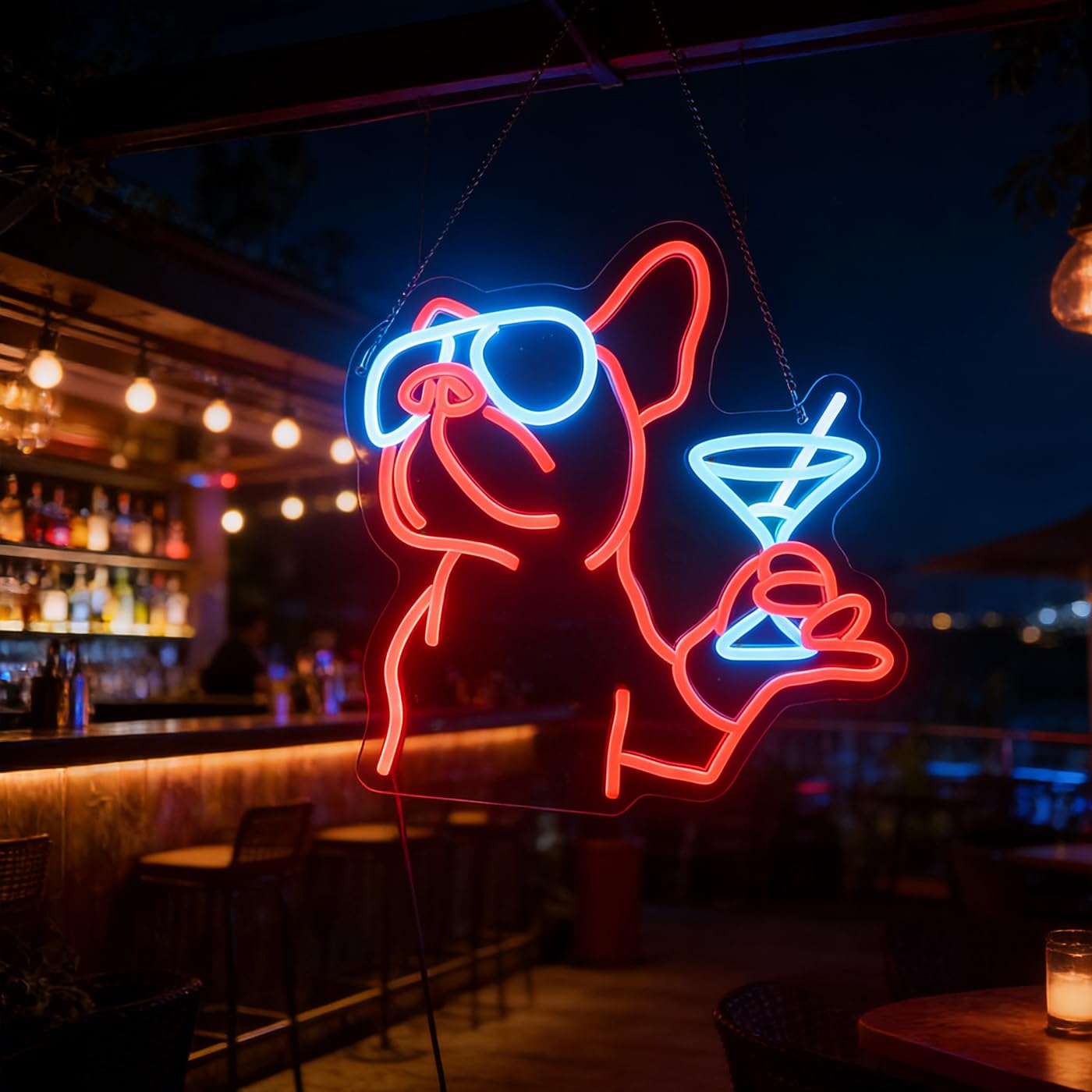 Luce al neon a LED con bulldog francese, insegna al neon per cocktail di cani, cartello a LED con vino di bulldog, decorazione da parete per stanza degli animali domestici, decorazione da parete per
