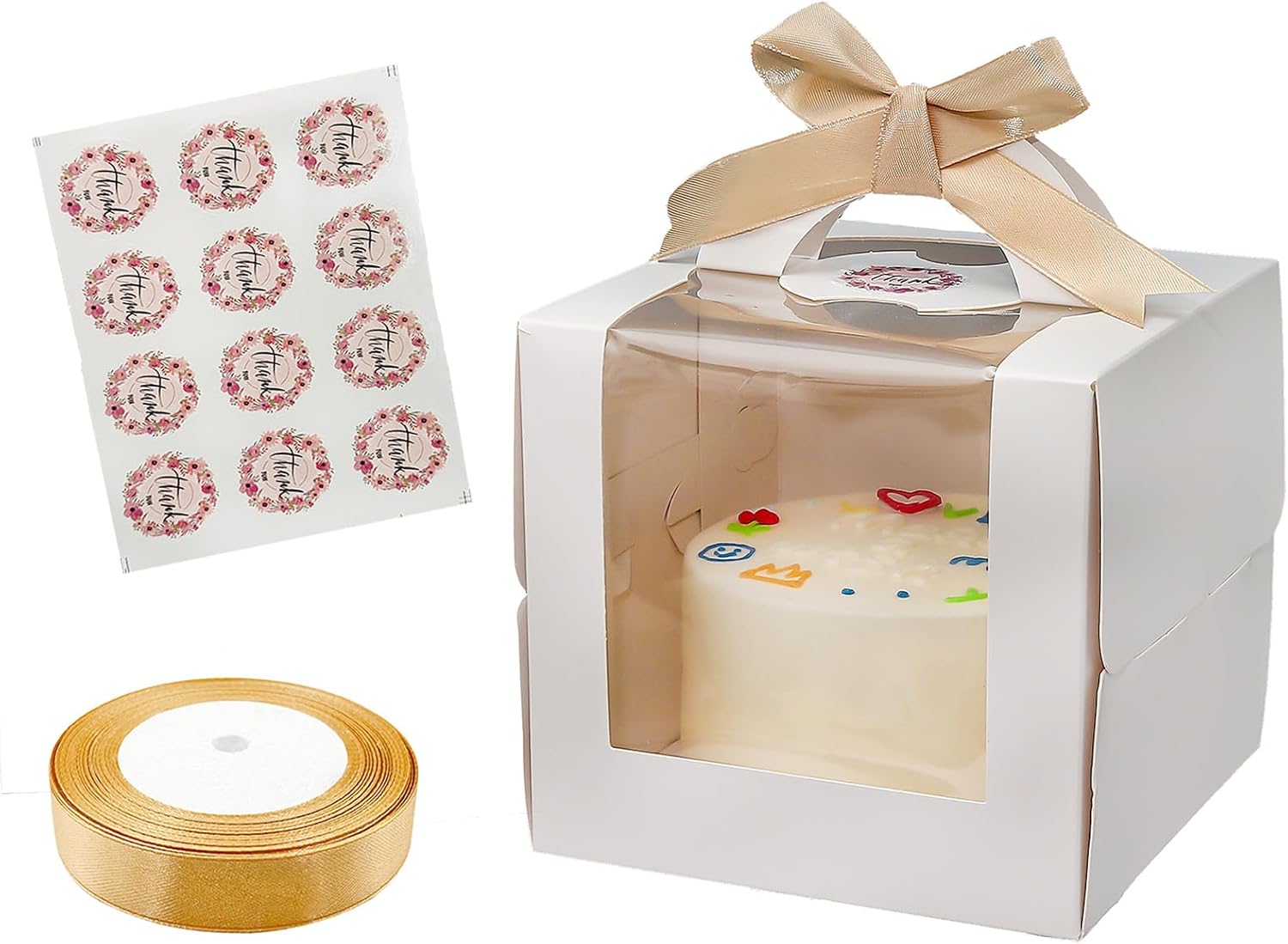 12 Set 6x6x6 Inches Cake Boxes with Boards-（12 Boxes with Handles & 12 Borads & 70ft Silk Ribbon and 12Pcs Stickers）