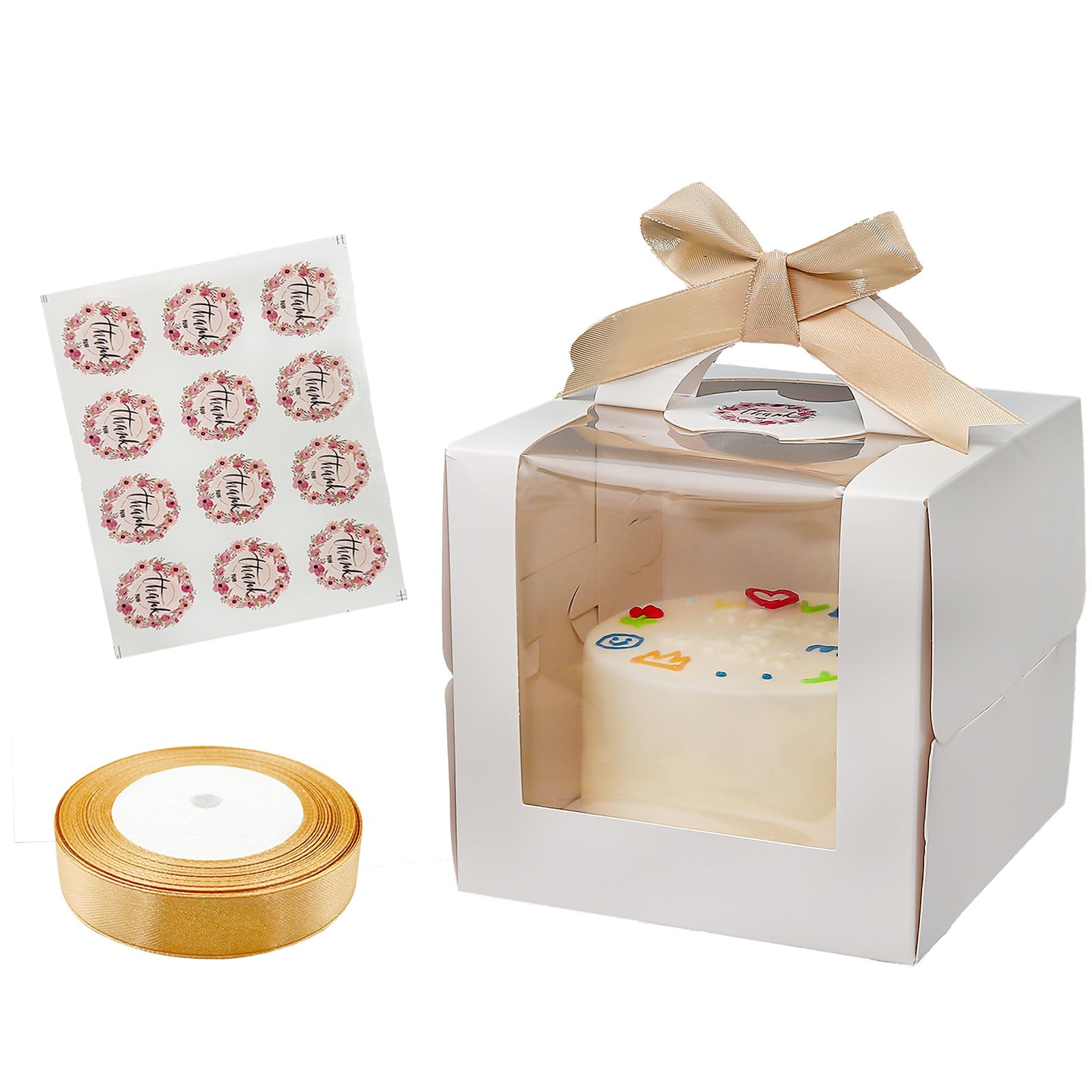 Savveffort 12 Set 6x6x6 Inches Cake Boxes with Boards-?12 Boxes with Handles & 12 Borads & 70ft Silk Ribbon and 12Pcs Stickers?