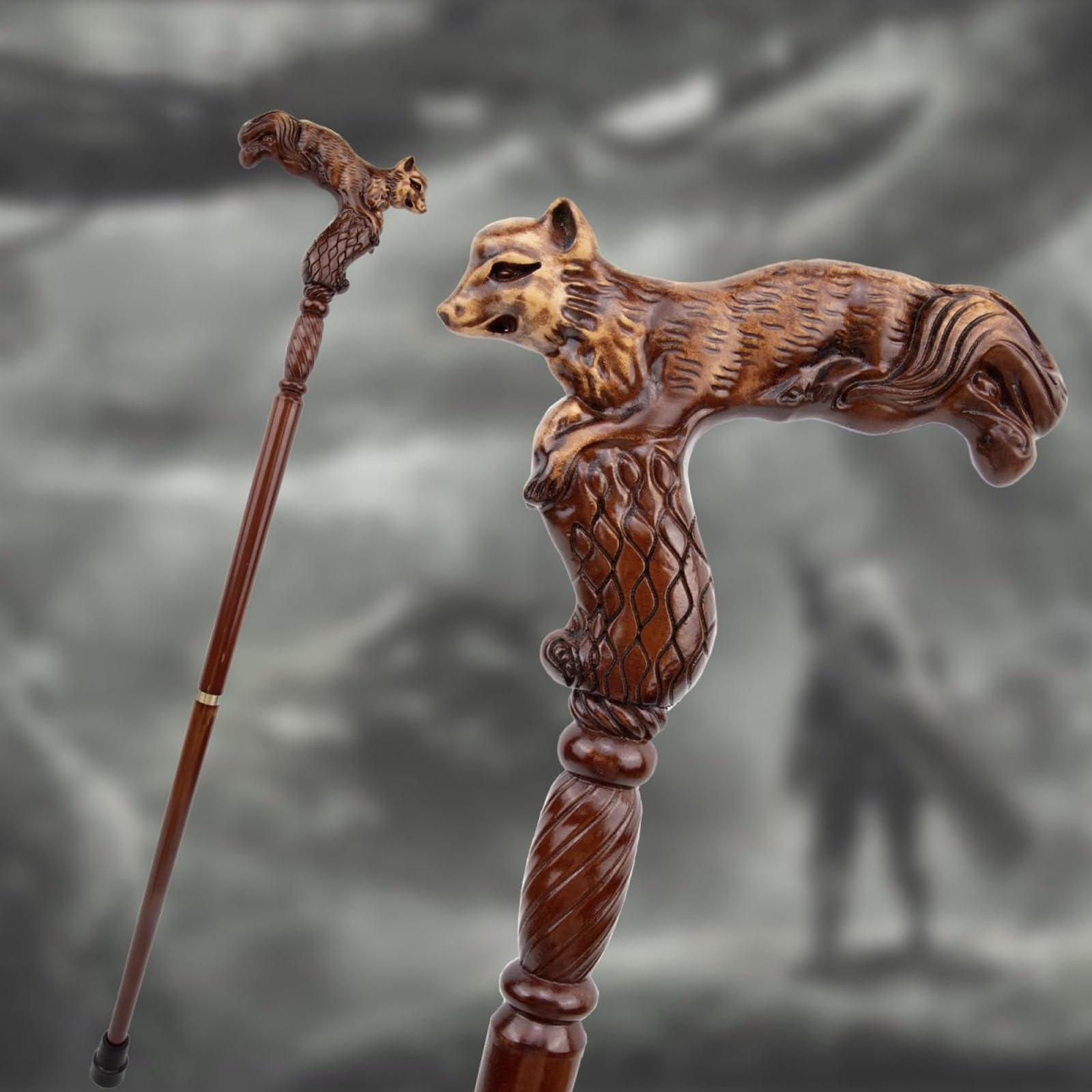 Bastoni da Passeggio in Legno di Volpe, con Impugnatura Ergonomica e Punta in Gomma Antiscivolo, per Cosplay da Uomo e da Donna di Lusso Decorativi 96 Cm