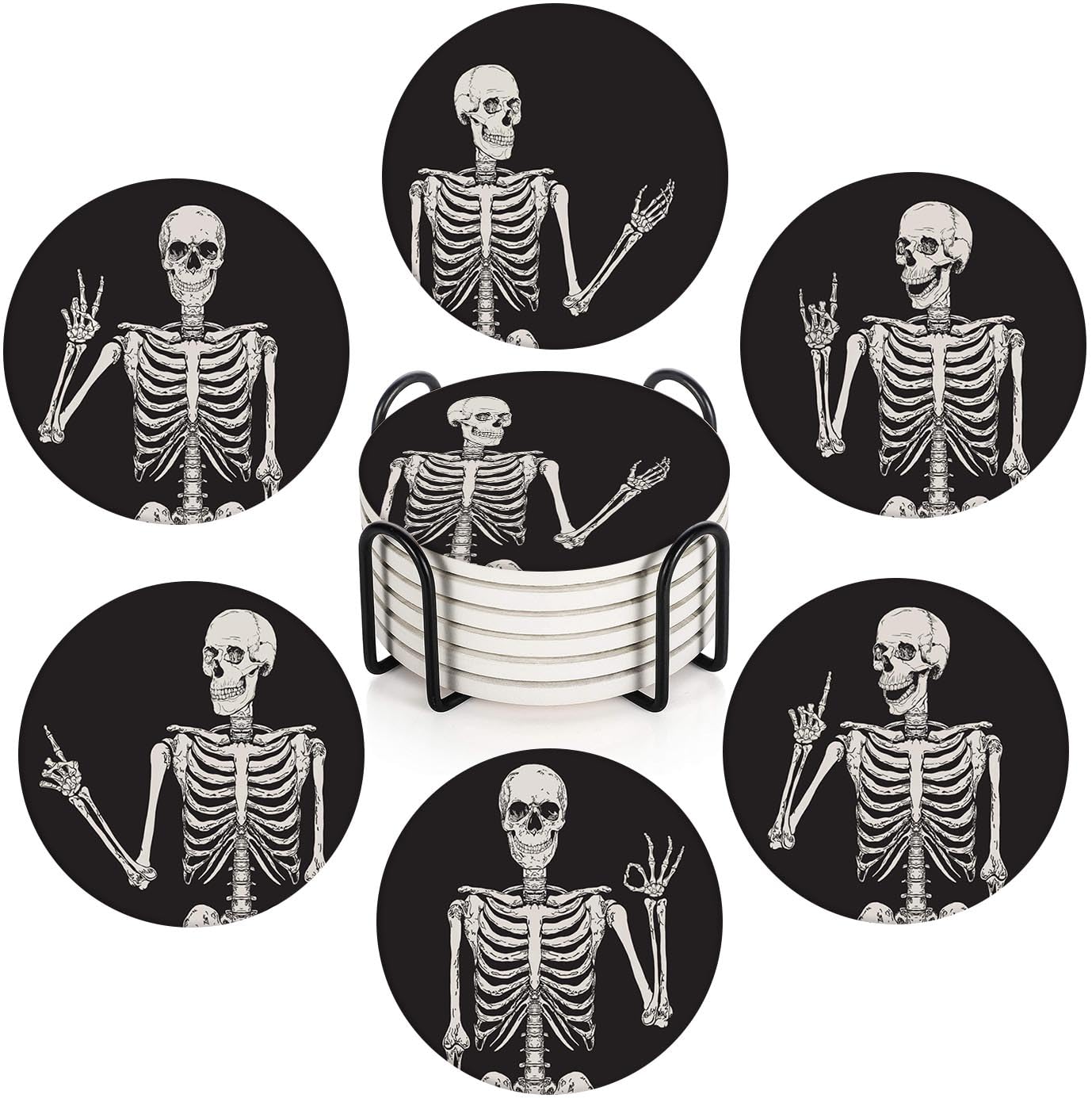 Britimes Coaster for Drinks Set of 6, Skeleton Skull Body Vintage Bones Absorbent Round Ceramic Stone Mat, with Cork Base and Metal Holder, Gift for