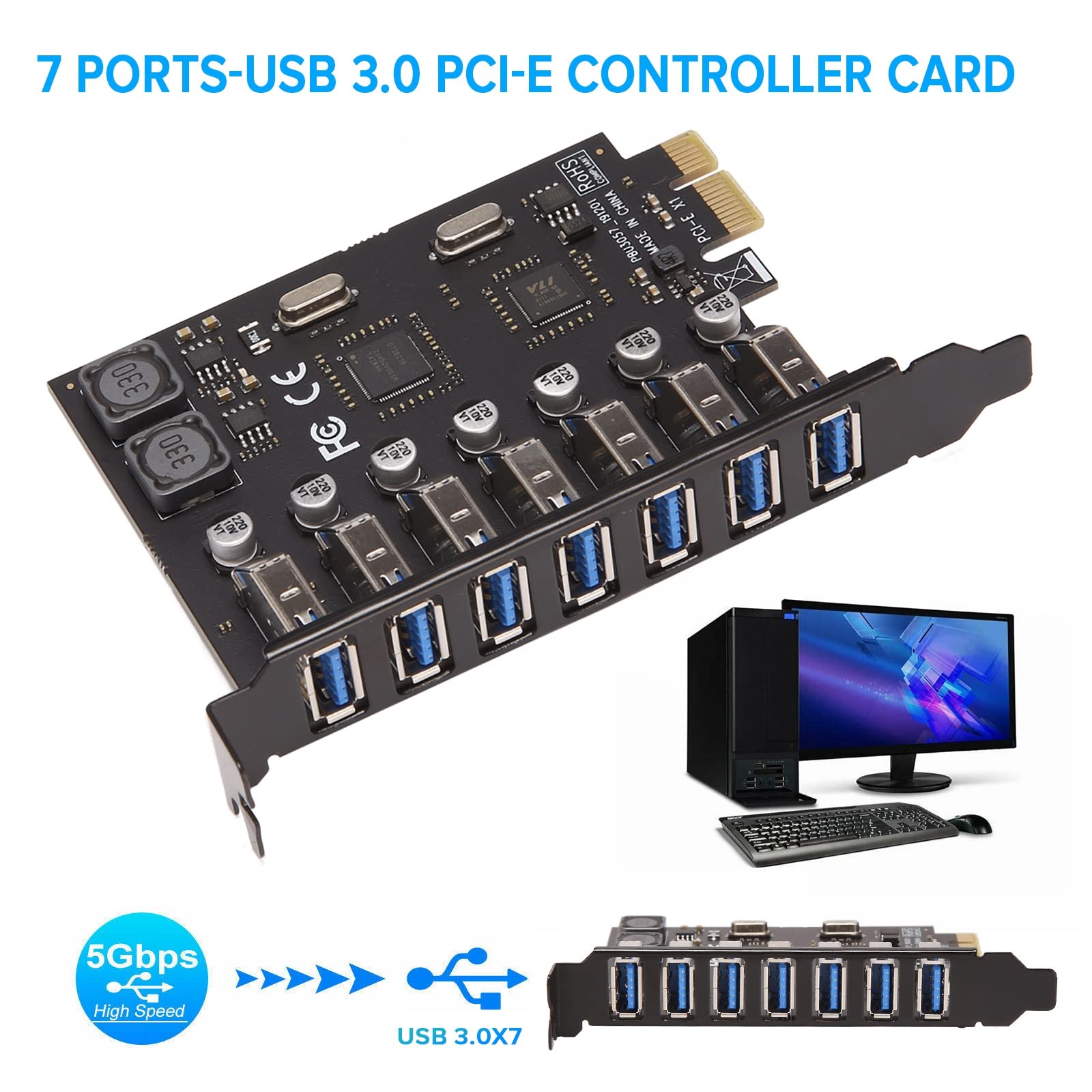 Adaptador de Tarjeta de Expansión USB 3.0 PCI-E Con 7 Puertos - Controlador Externo Extensor Para Escritorio