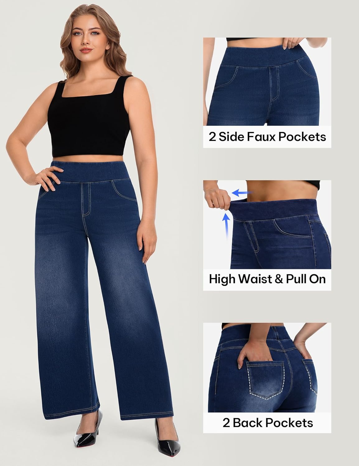 AVAMO Plus Size Jeans for Women Stretchy Wide Leg Pull On Sweatpant Jeans for Curvy Women High Waisted Baggy Denim Pants
