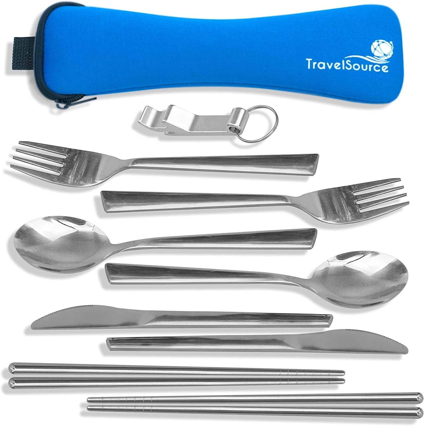 Camping Travel Utensils with Case - 4-Person (2 Pouches) Fork, Spoon, Knife Silverware Set - Reusable Portable Hiking Camping Lunch Cutlery - Family Mess Kit - Stainless Steel