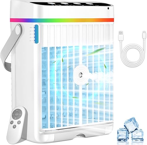 Aire acondicionado portátil, mini aire acondicionado portátil de 42.3 fl oz, ventilador de refrigeración de aire con 3 velocidades y temporizador de