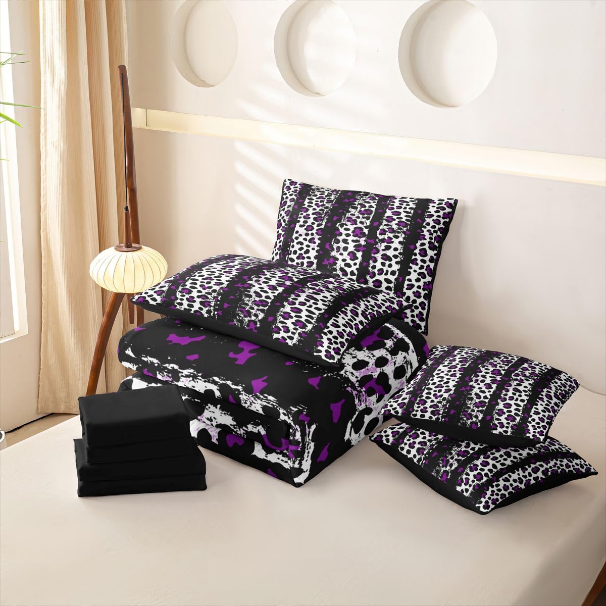Loussiesd Set di biancheria da letto con copripiumino e lenzuola, 7 pezzi, per letto king size, motivo leopardato, con stampa animalier