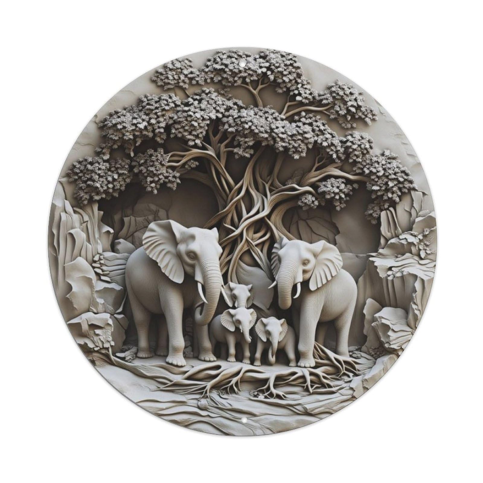 Tree Elephant Family Mountain Round Decor Sign Vintage Aluminium Metal Sign, Retro Wall Decor for Home, Bar, Garage & Farmhouse 20x20cm