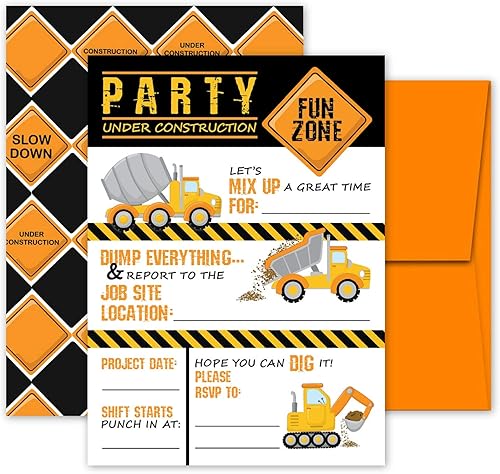 Pink Pixie Studio Invitaciones de fiesta de cumpleaños de camión volquete de construcción de lujo para niños, 20 invitaciones grandes de doble cara