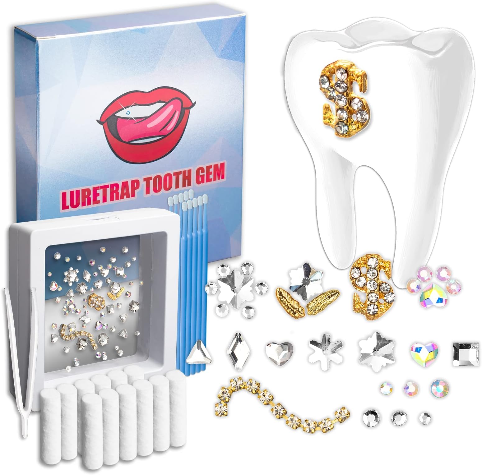 Luretrap Tooth Gem Starry Diamond Case 75 Pieces Boutique Diamonds in 15 Styles Combine Tooth gem kit for use(No Glue)