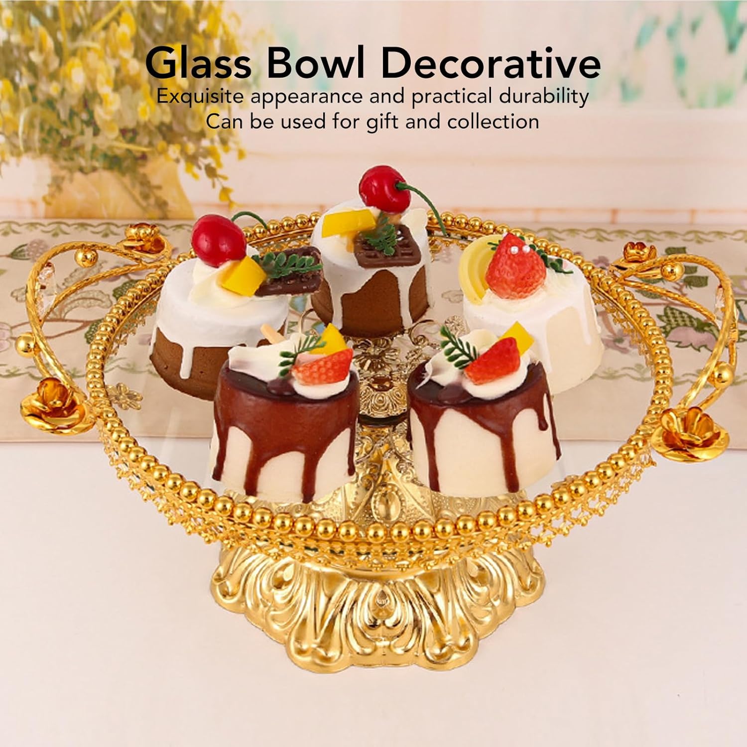 Metal Fruit Tray, Glass Fruit Tray Gold Fruit Bowl Decorative Fruit Basket Fruit Holder Round Storage for Countertop Vegetable Bowls for Kitchen Counter Candy Plate