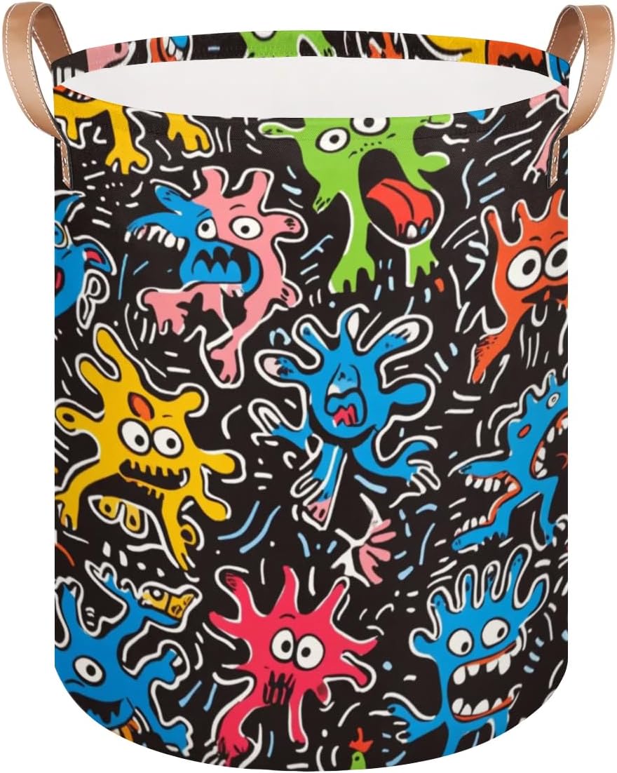 Large Laundry Hamper Basket Alien Monster Round Collapsible Storage Organizer Bin for Kids, Boys, Nursery, Closet, Bedroom, Playroom, Toys, Dirty Clothes, 16" W x 20" H