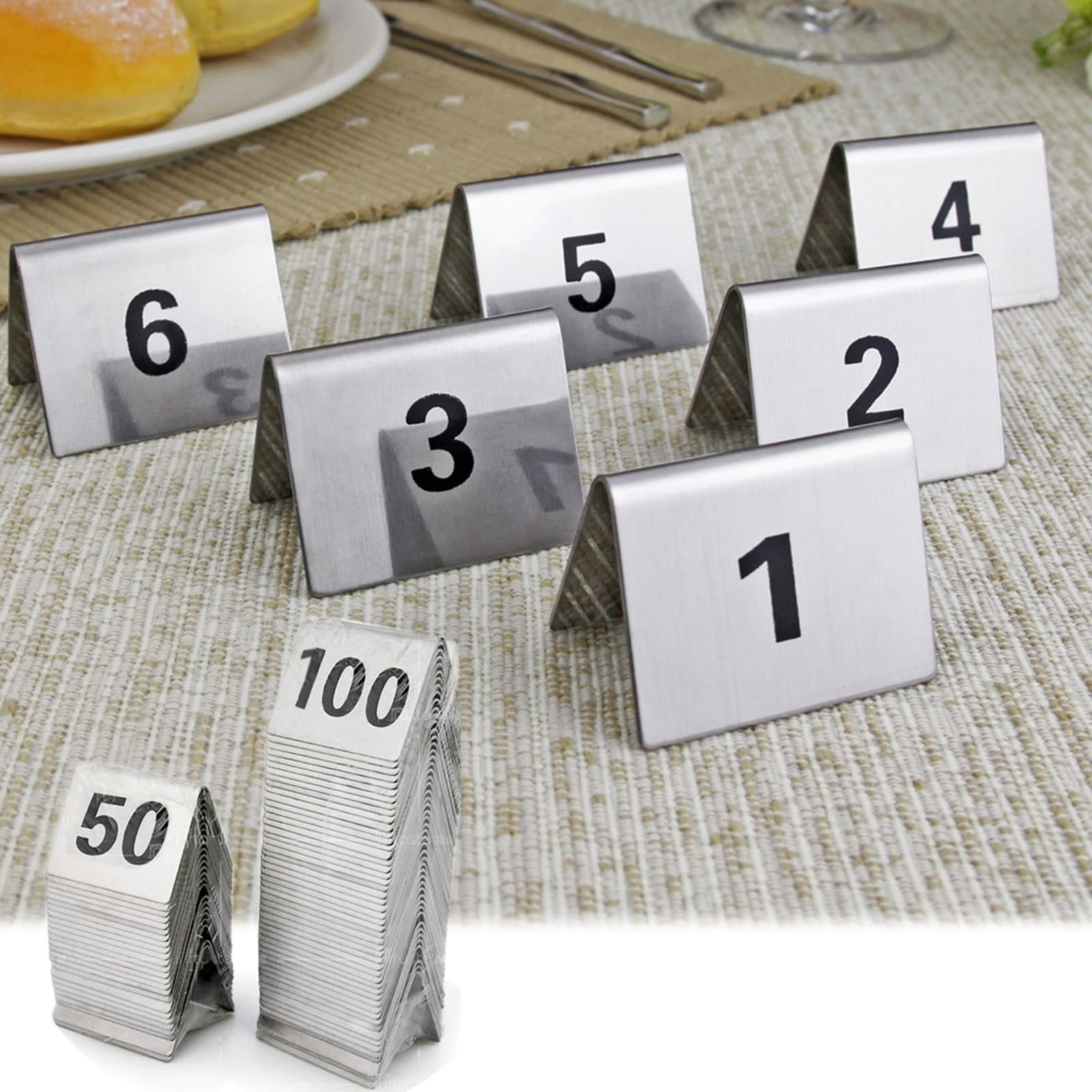 SaryEdge Table Place Cards Metal Stackable Table Numbers - Stainless Steel Tent Style Table Number Plate 1-50 1-100/1 to 100/5 * 4Cm/1 to 100/5 * 4Cm,1 to 100-,1 to 100-5 * 4Cm