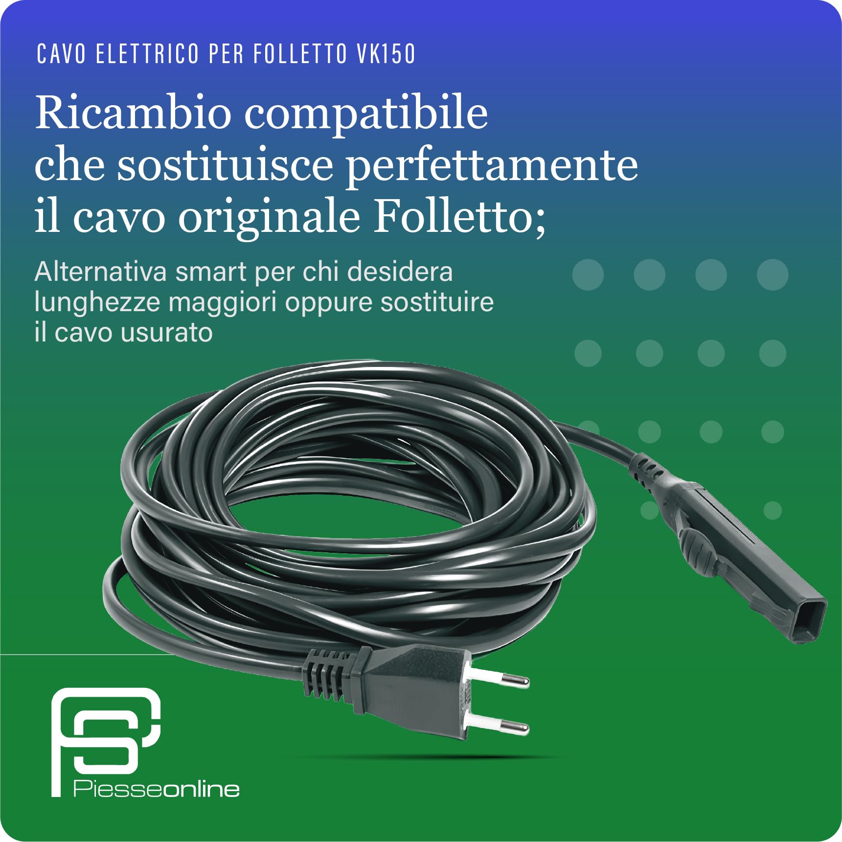 PIESSEONLINE - Cavo di Ricambio per Folletto VK 150 – Cavo Alimentazione Aspirapolvere da 7 Metri – Compatibile, Resistente e Facile da Installare con Spina Italiana, Grigio