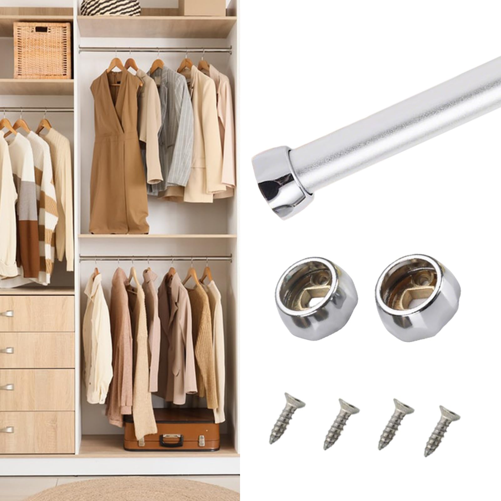 Wardrobe Rail, Closet Rod Aluminum Alloy 1in Diameter 30kg Load Capacity Multicolor 50-160cm Length(Silver,55cm/21.7in)