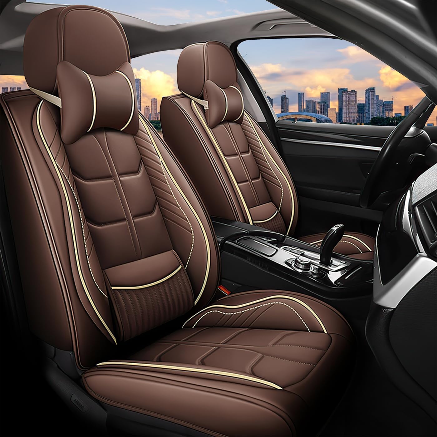 Car Seat Covers Custom Fit for Ford F-150 2003-2025 for Pickup Trucks | Universal Split Bench Design | 5-Seat Full Set with Pillow,Coffee