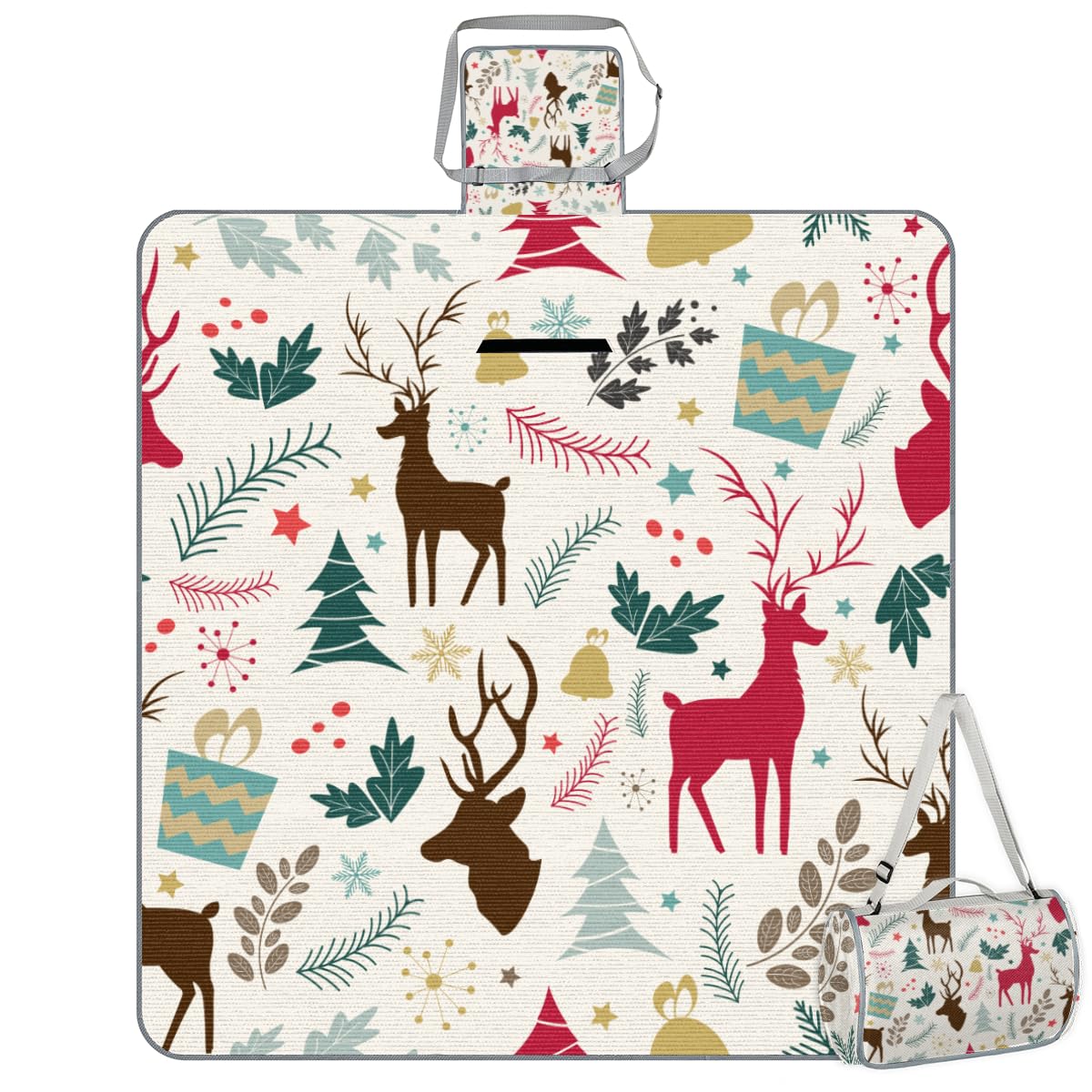 Shimoshe Picnic Blankets 57”x 59”, Christmas Deer Waterproof Sandproof Picnic Mat Lightweight Foldable Beach Blanket for Camping Park Grass Beach Outdoor Blanket