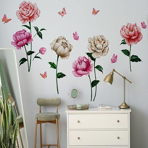 Miniatura 2 de Calcomanías de pared de rosas de peonía, calcomanías de flores, removibles para despegar y pegar, apliques florales de acuarela rosa, papel tapiz