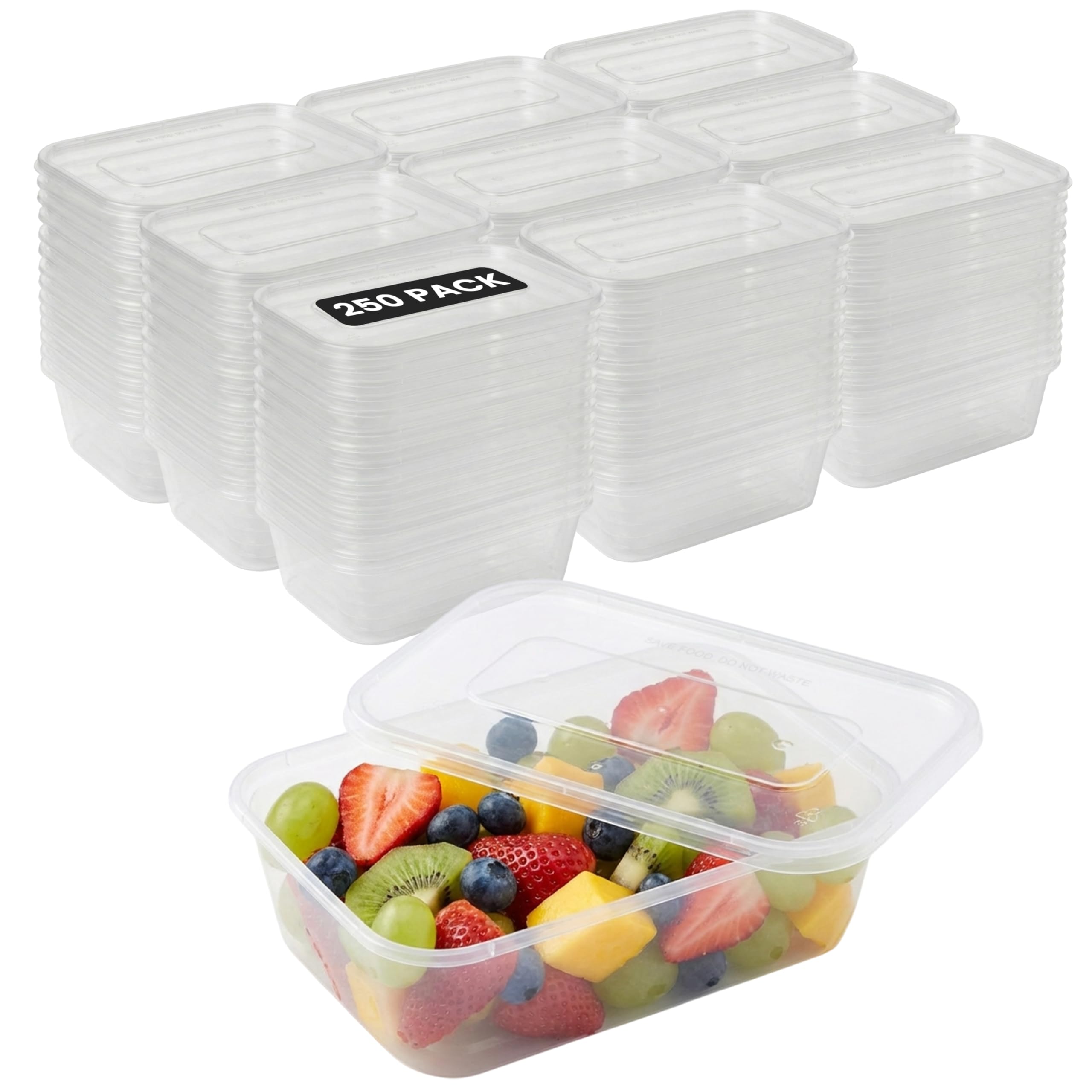 Aspect Food Containers, 250 x 500ml Plastic Food Containers With Lids, Airtight, BPA Free, Reusable, Microwave & Freezer Safe,Takeaway Meal Prep Containers For Hot & Cold Food