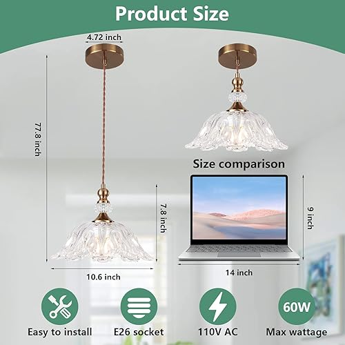 Miniatura 3 de Lámparas colgantes de cristal pequeñas vintage para isla de cocina de 10.6 pulgadas, lámpara de techo colgante ajustable de latón dorado para