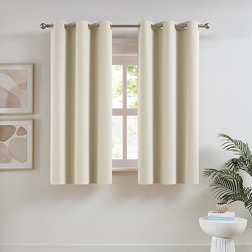 DUALIFE Cream Beige Curtain Panels 38 x 45 Inch Length Set of 2 Panels Light Beige Curtains for Living Room Solid Room Darkening Bedroom Curtains with Grommet Buttercream