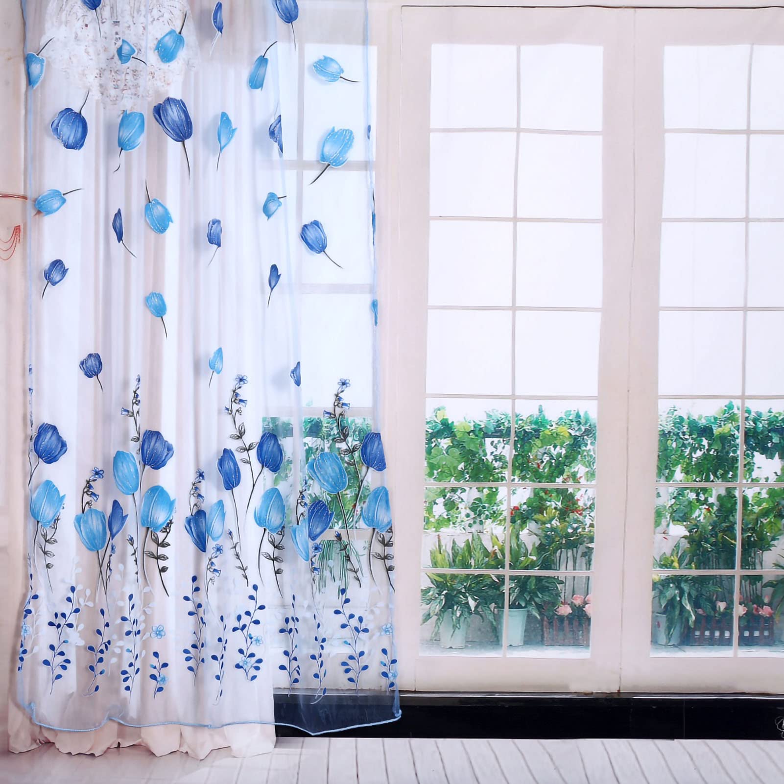 Wytino Blue Tulle Curtain, 100 * 200Cm Colorful Tulips Printing Tulle Curtains Sheer Drape Balcony Window Decoration(Blue)