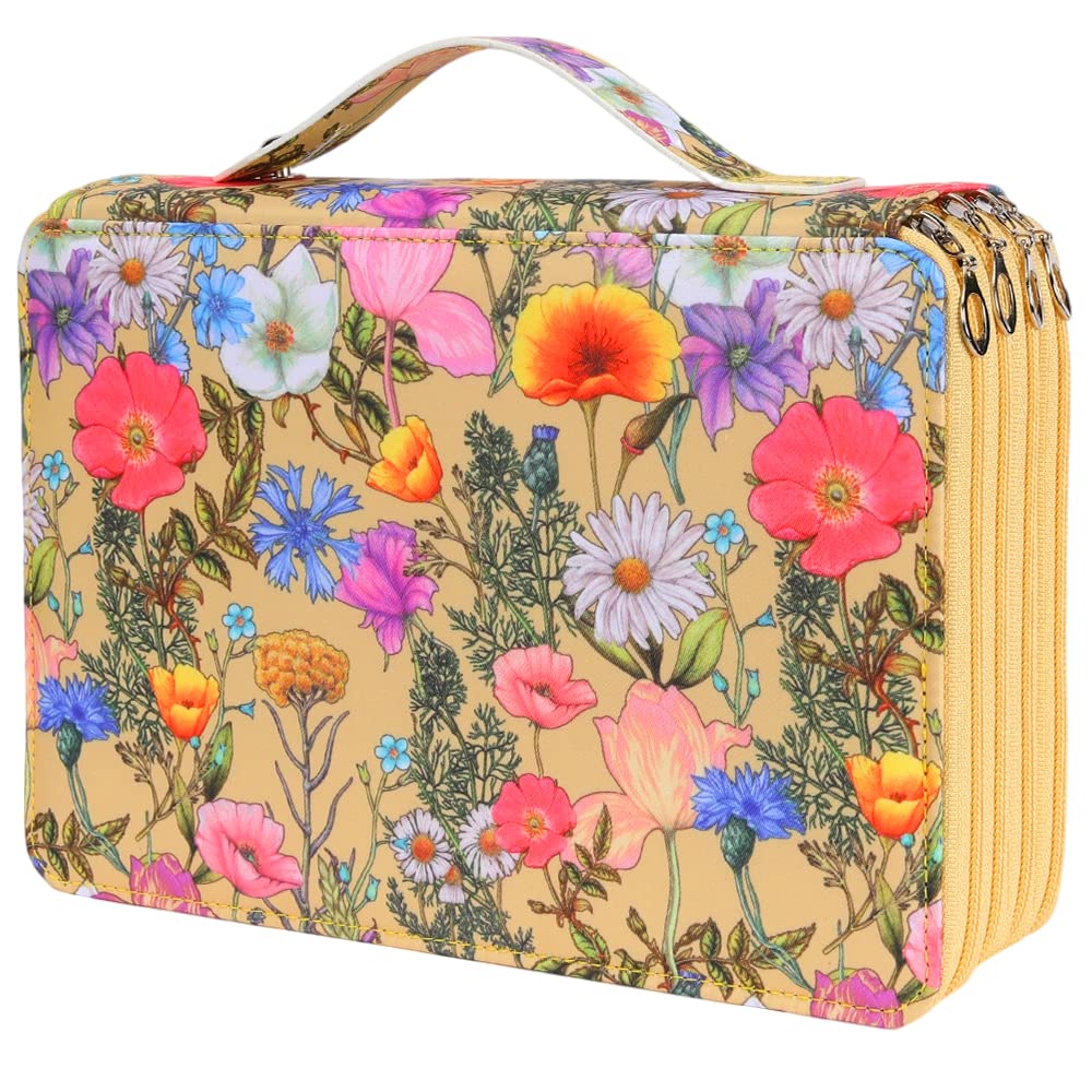 Estuche de lápices de colores, 200 ranuras para lápices con cierre de cremallera, tela de sarga de gran capacidad para bolígrafos o marcadores, organizador para artistas o estudiantes (flor amarilla)