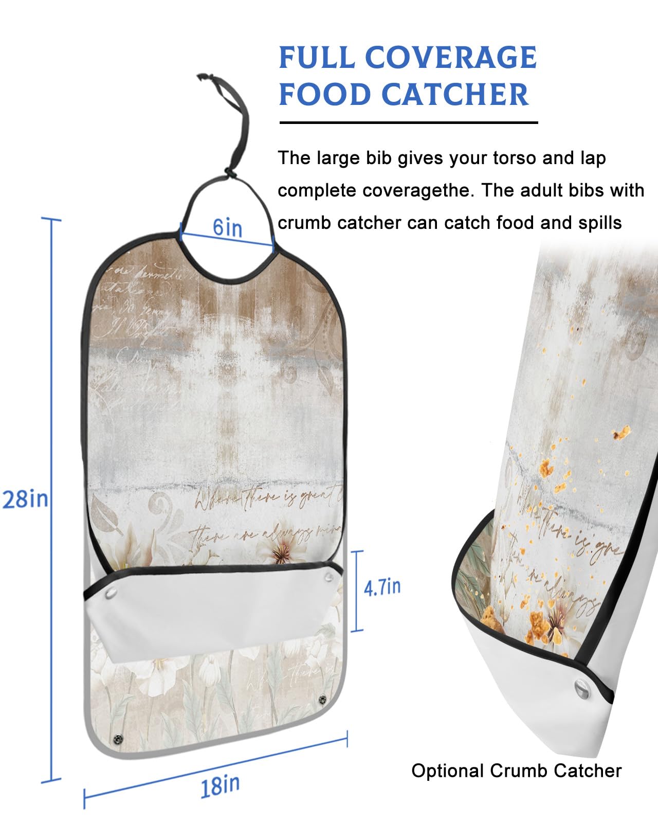 Farmhouse Floral Adult Bib for Eating with Crumb Catcher,Washable & Waterproof Terry Cloth Adjustable Elderly Women Men Adult Bibs Funny Apron Clothing Protector Vintage Elegant White Flowers Leaves