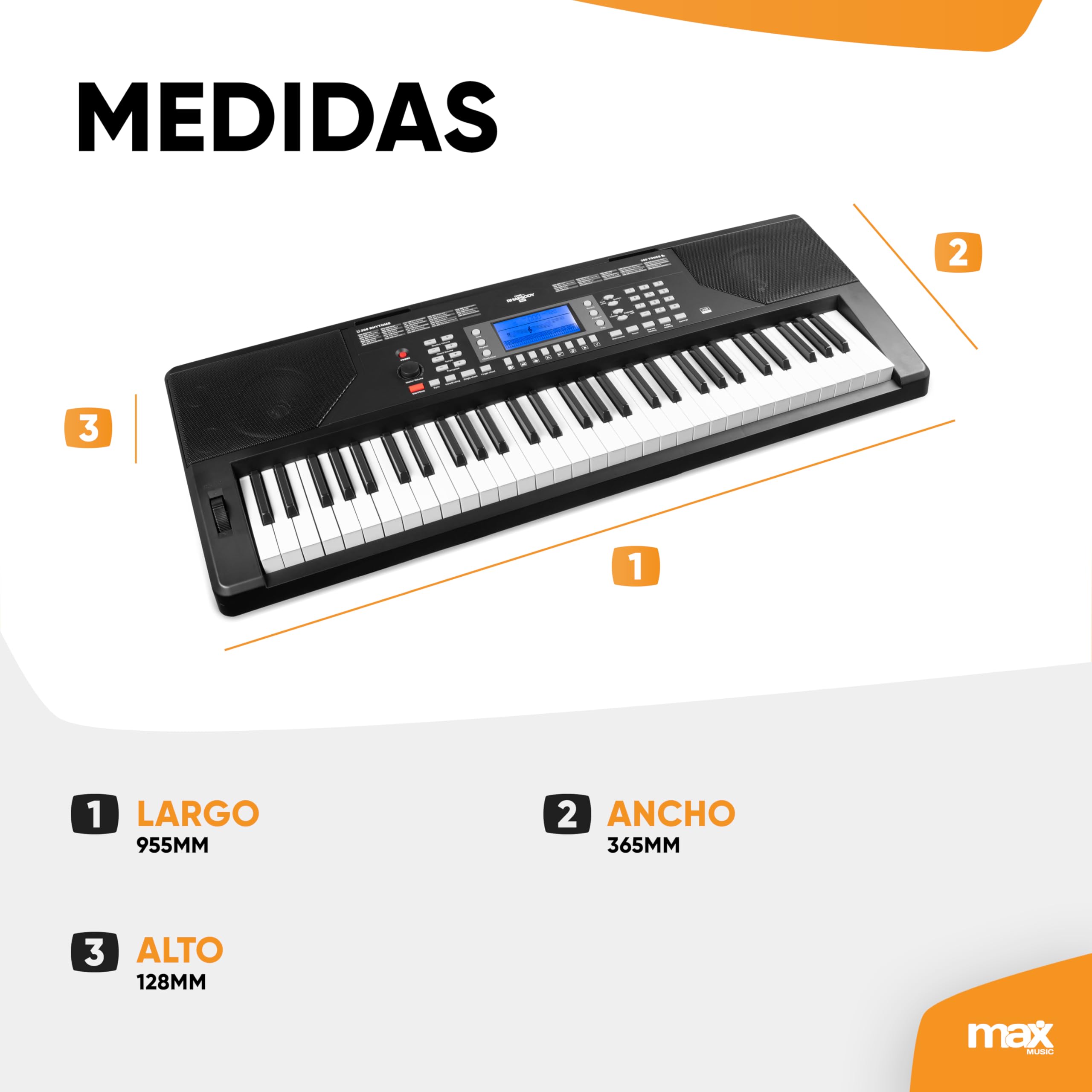 MAX Rhapsody61P - Teclado Piano eléctrico de 61 teclas sensibles, función de aprendizaje, altavoces, pantalla, 50 canciones de demo, para principiantes y profesionales, 300 sonidos, 8 percusiones