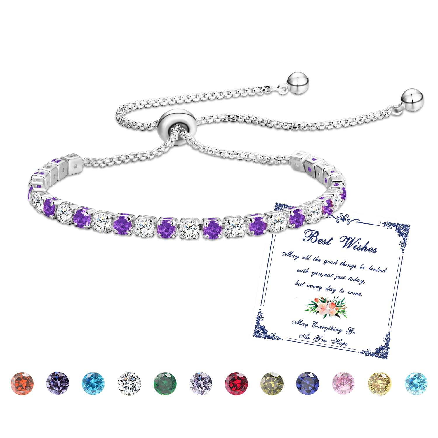 Esmoly Bracciale Donna Argento Bracciale Tennis con 12 Colori di Pietre Natali e 5A Sparkle Zircone Regolabile Regalo Compleanno Donna Ragazza