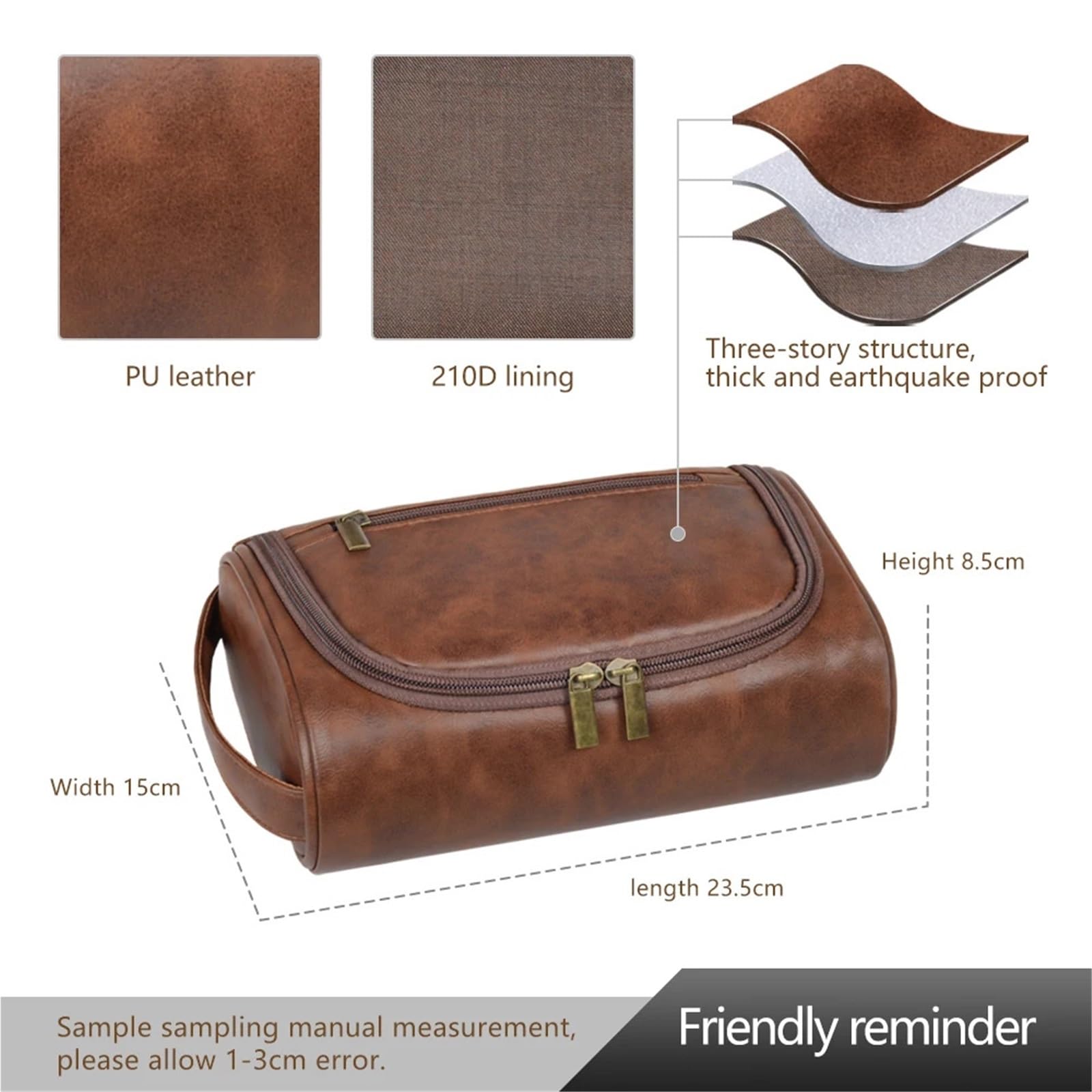 Retro PU Leather Travel Toiletry Bag - Waterproof Cosmetic Organizer for Women & Men(Red brown)